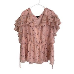 LANE BRYANT Blush Pink Floral Flutter Sleeve Ruffle Top, Size 24
